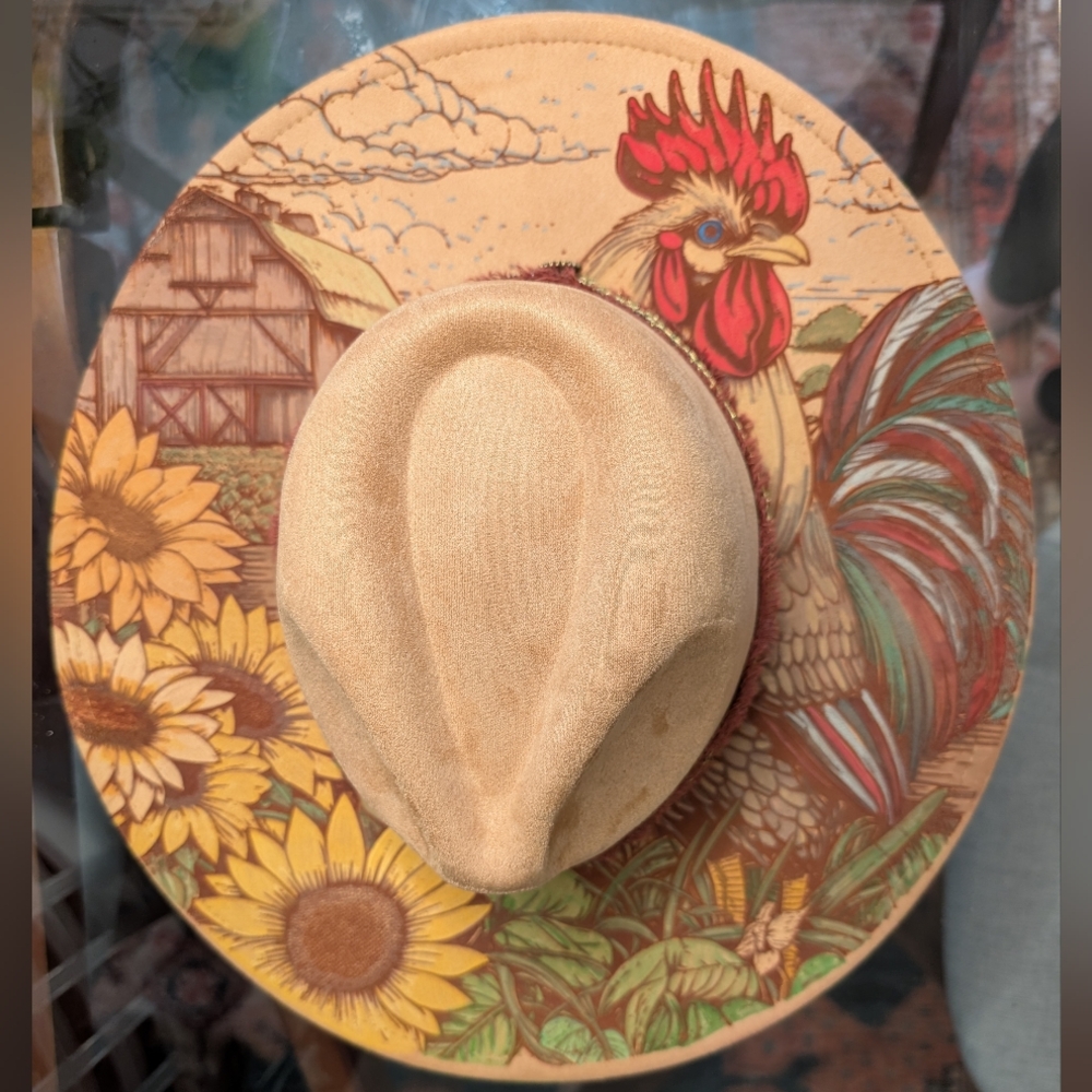 Hand Painted Western Cowboy Hat Rooster Sunflower Barn Farm Art Hat Boho Rustic